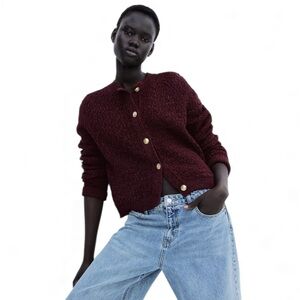 Burgundy Chunky Knit Cardigan Gold Button Textured Sweater Size M Cozy Fall